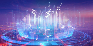 蓝紫色科技感酷炫城市音乐音符舞台场景背景展板